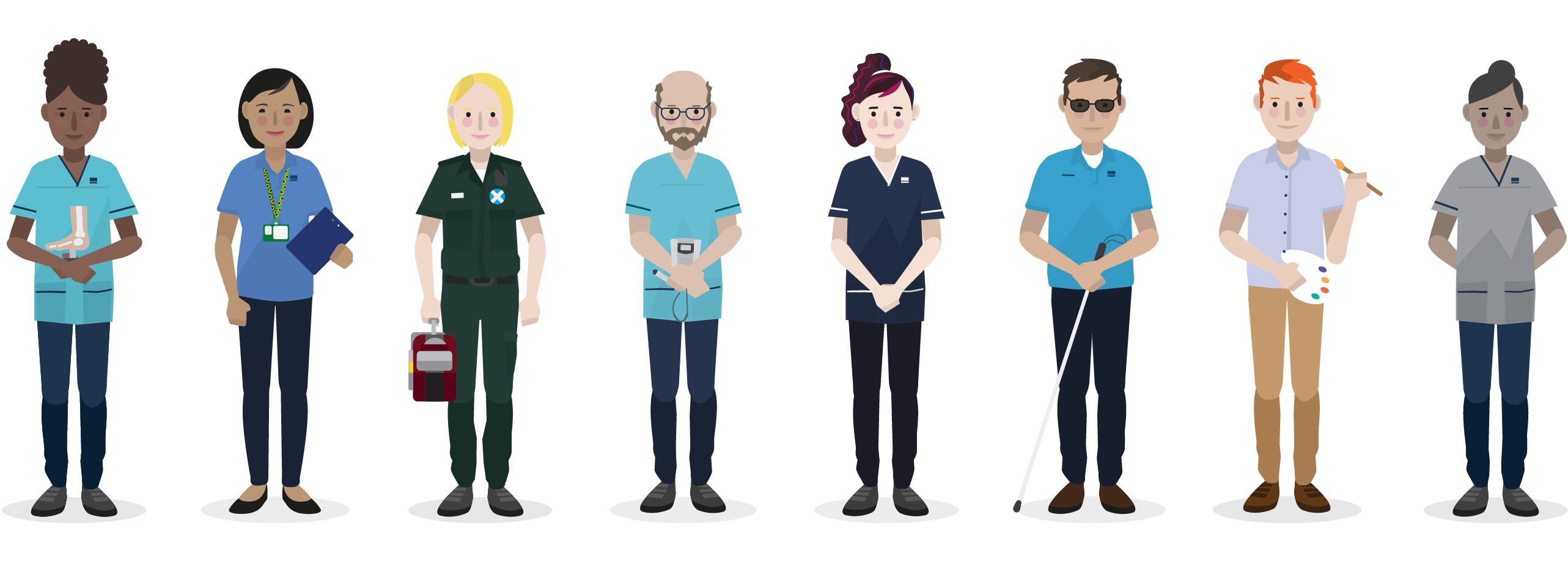 Illustrated diverse group of people including a nurse, student and AHPs standing together
