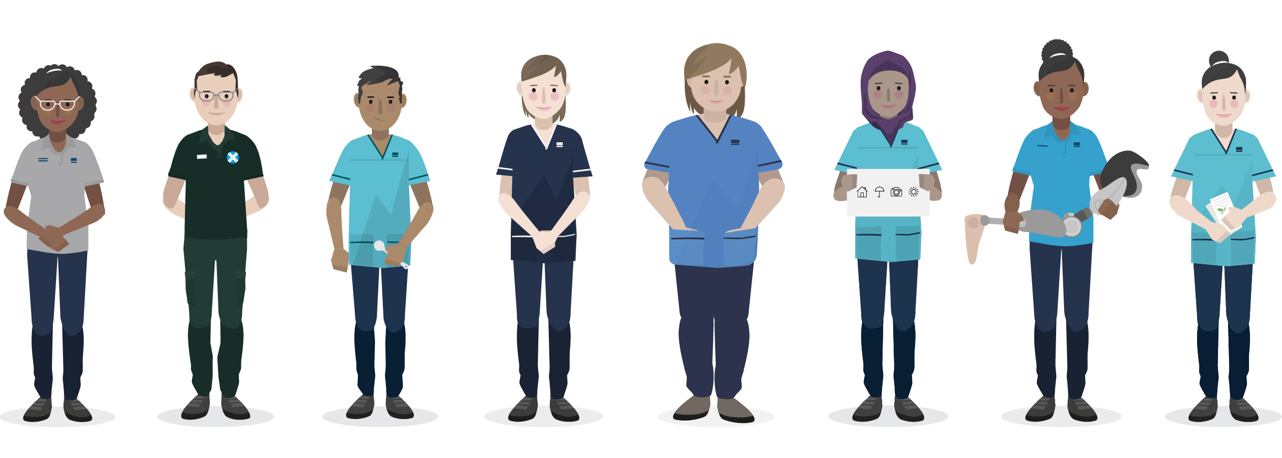 Illustrated diverse group of people including a nurse, student and AHPs standing together