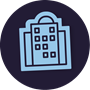Icon of a tall building with many sections and windows resembling a hospital or clinical setting