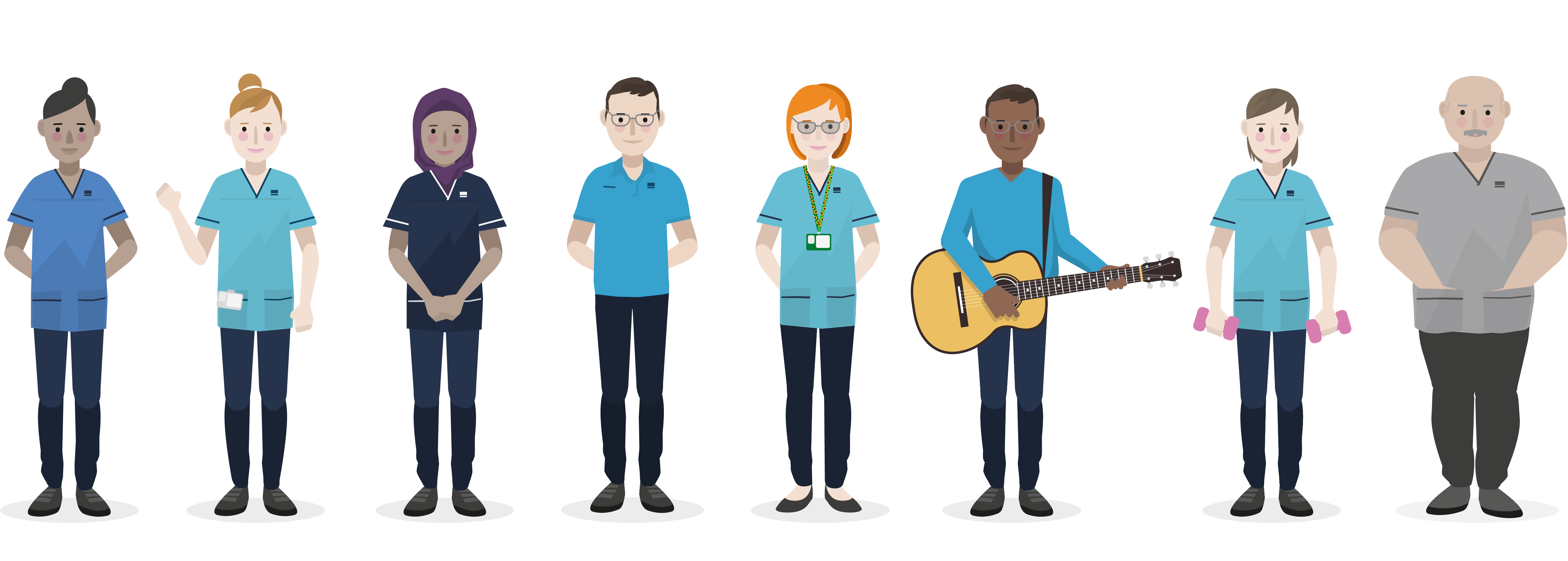 Illustrated diverse group of people including a nurse, student and AHPs standing together
