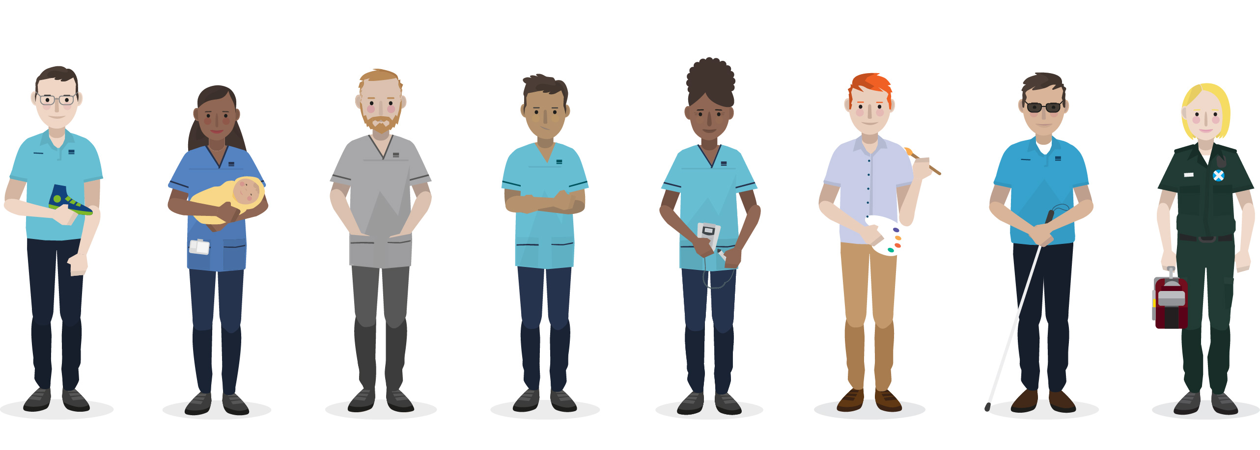 Illustrated diverse group of people including a nurse, student and AHPs standing together