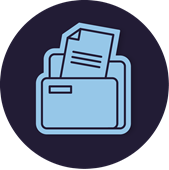 Large icon of a folder with a label and paper with writing on it poking out of the folder