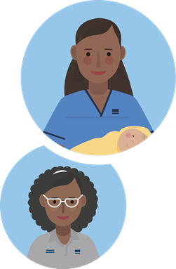 Portrait illustration of midwife and student, both from minority backgrounds