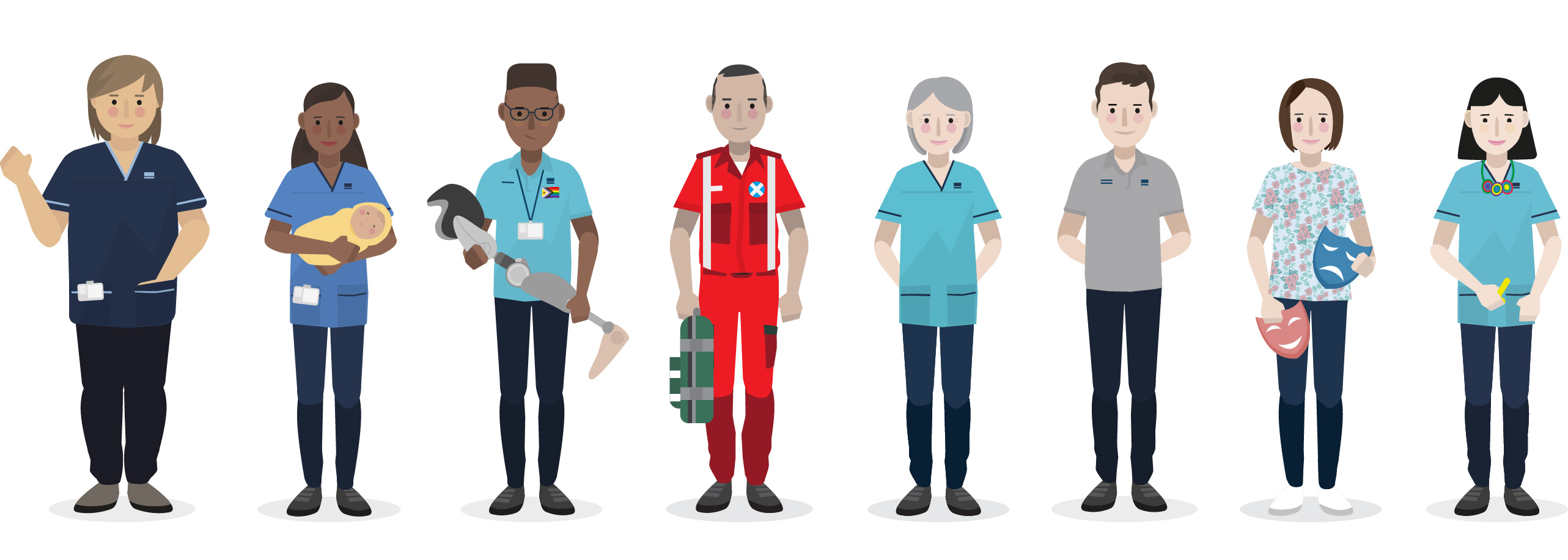 Illustrated diverse group of people including a nurse, student and AHPs standing together
