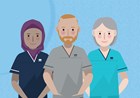Cover image of the first resource in this series, showing a nurse in a hijab, an AHP and student standing together on a sky blue background, with the student in the centre and out front