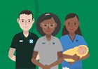 Cover image of the second resource in this series, showing an ambulance worker, a midwife and student standing together on a green background, with the student in the centre and out front